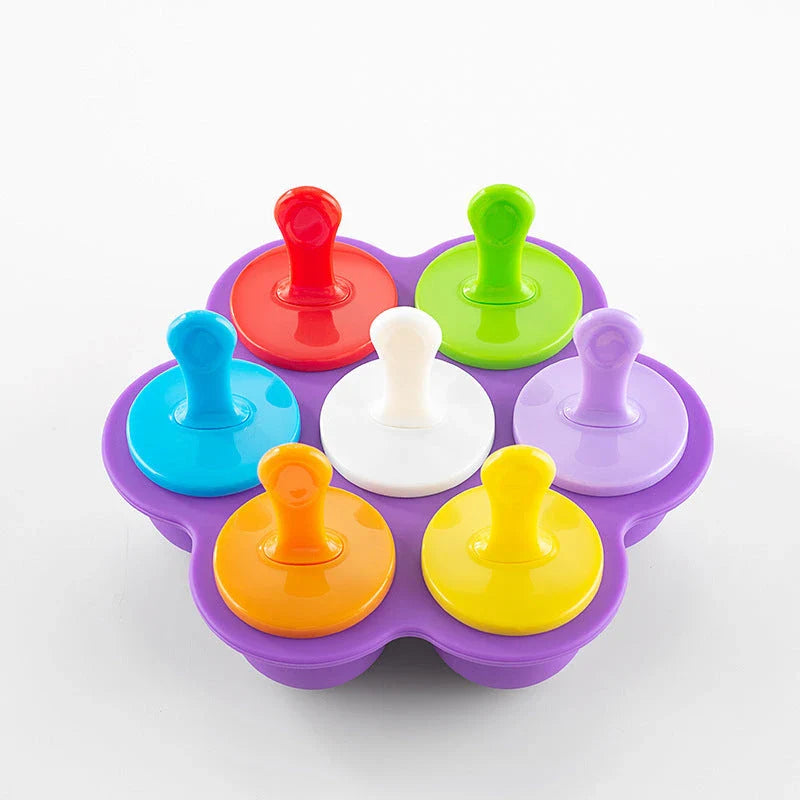 Silicone popsicle mold with 7 cavities in various colors, perfect for making homemade ice cream and frozen treats