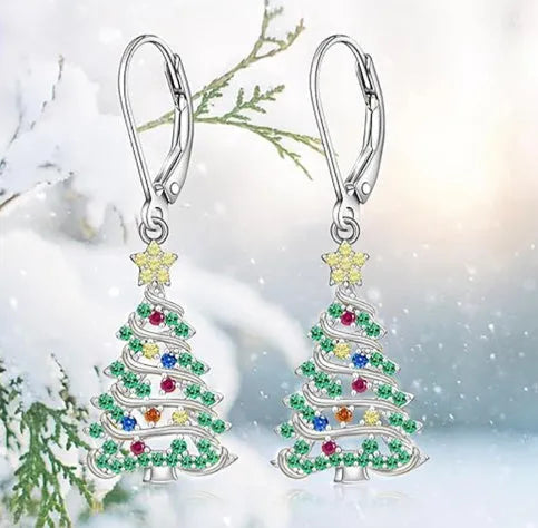 White gold colour Christmas tree earrings with star-shaped pendant for ladies.
