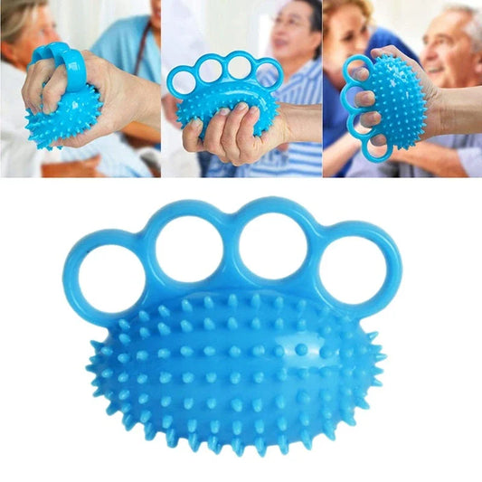 Therapeutic hand grip massager with massage bumps and finger holes for improving grip strength and relaxing hand muscles