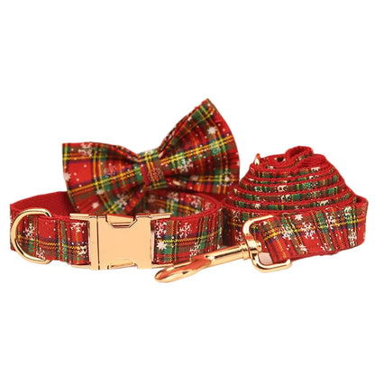 Red Christmas snowflake plaid pattern dog collar and leash set with matching vest and bow tie