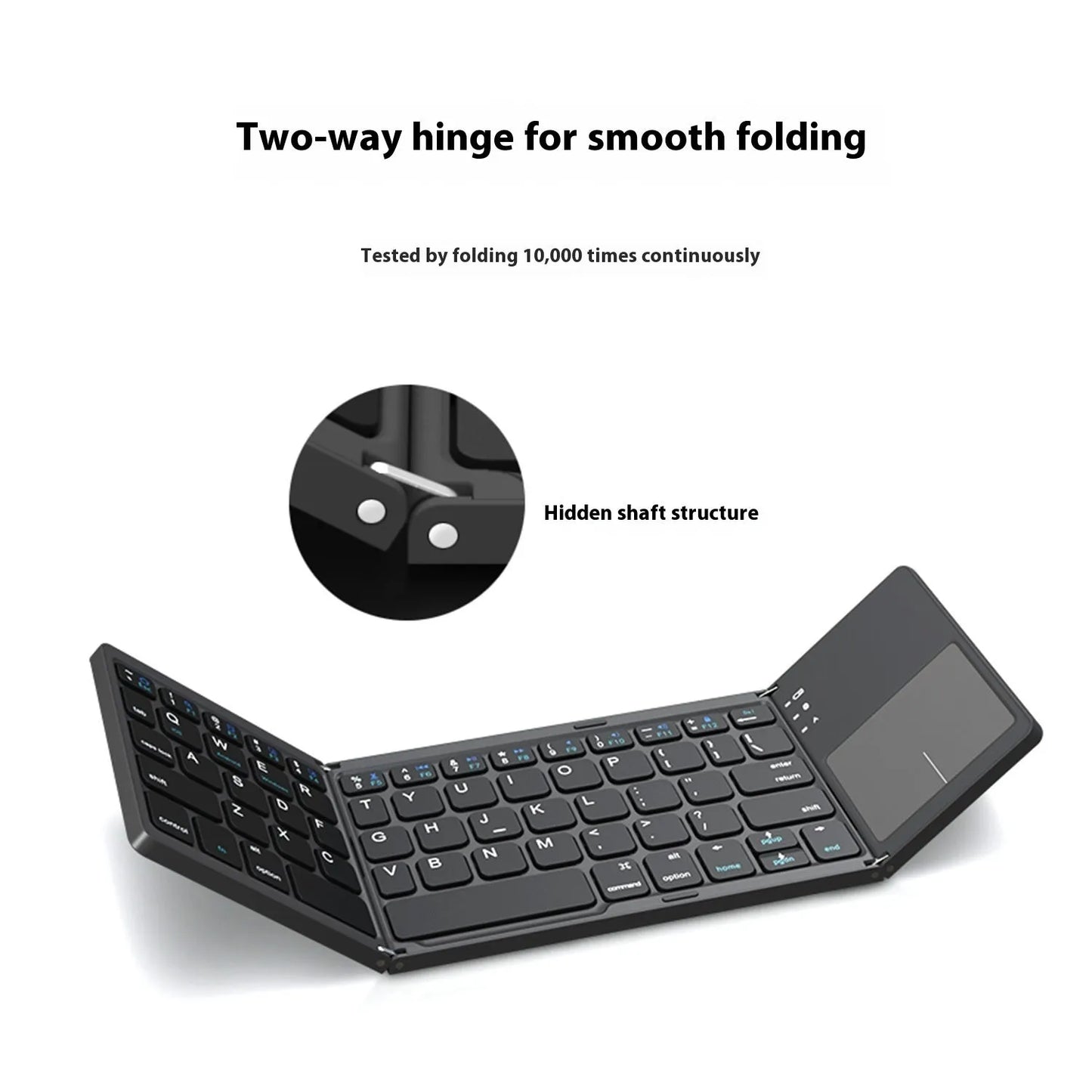 Tri-fold Bluetooth keyboard shown unfolded with thin touch keys in black or silver colour options