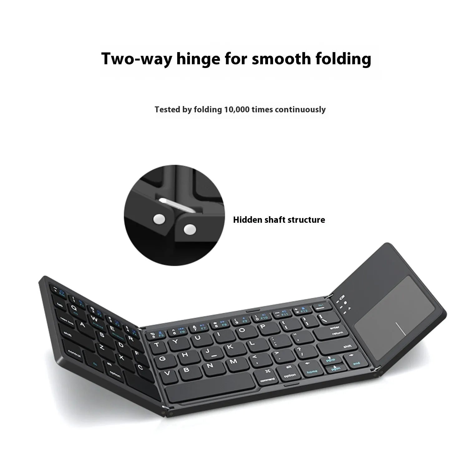 Tri-fold Bluetooth keyboard shown unfolded with thin touch keys in black or silver colour options