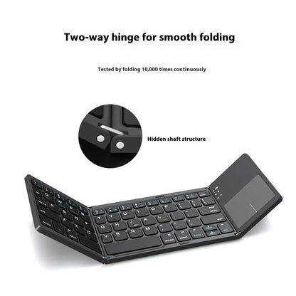 Tri-fold Bluetooth keyboard shown unfolded with thin touch keys in black or silver colour options