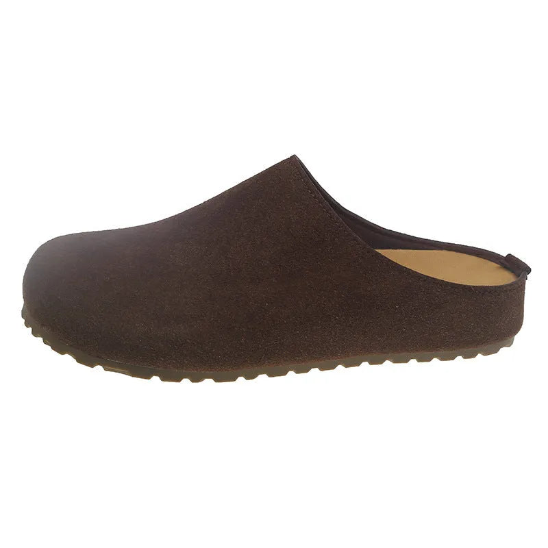 Korean-style flat outdoor slippers in apricot colour with square toe design and slip-on style