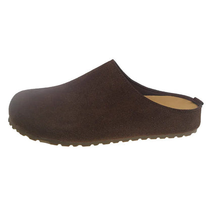 Korean-style flat outdoor slippers in apricot colour with square toe design and slip-on style