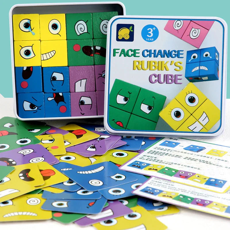 Clever Wooden Emoji Cube Puzzle - Educational Building Blocks for UK Children