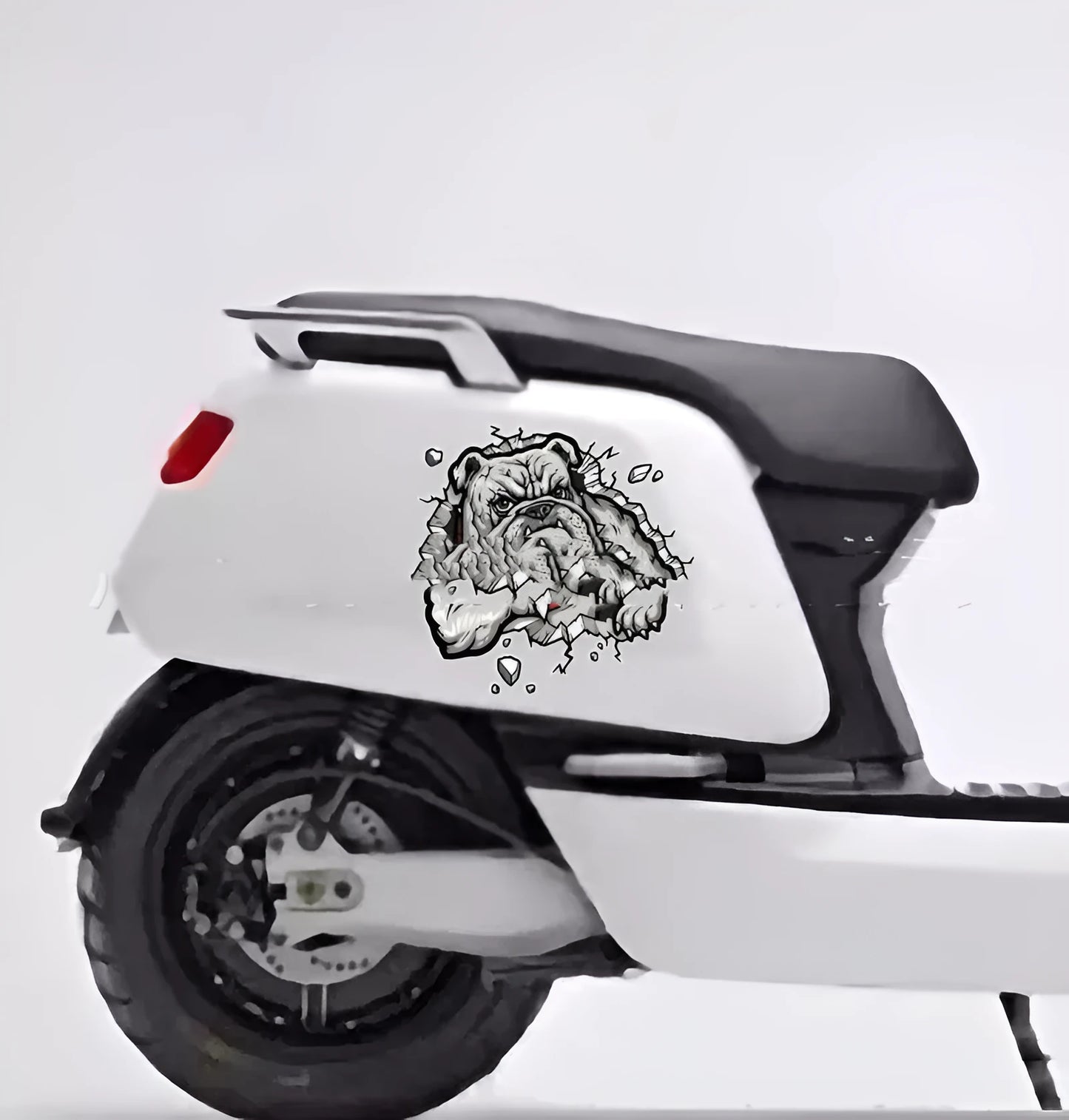 Grey dog pattern motorcycle decorative sticker, 17cm square, paper material.