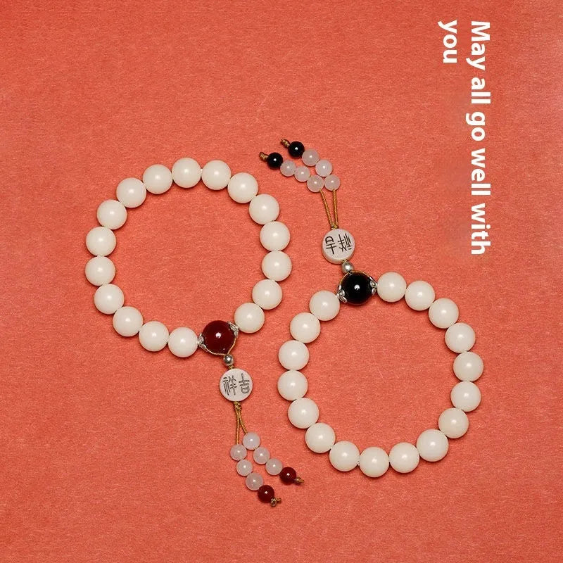 National style Bodhi couple bracelet with Ruyi elements and 10mm round beads