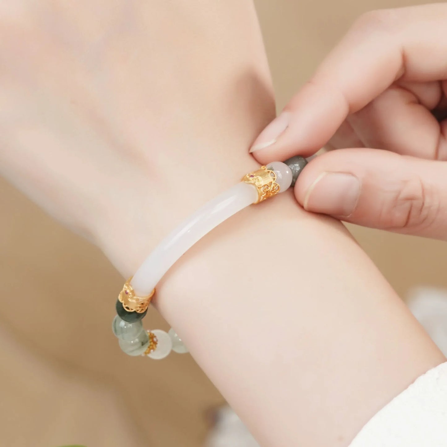 Light green emerald half bracelet for women with Tian Shan Cui material and national style round elements