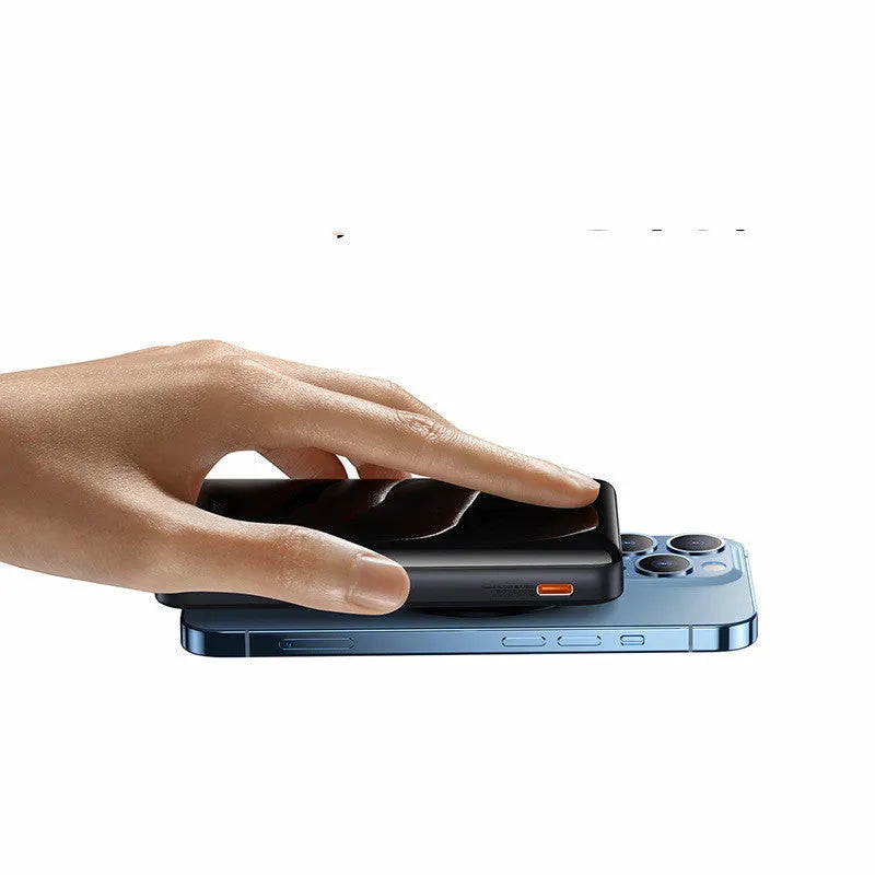 Slim 3-in-1 magnetic power bank in blue, white, or pink with wireless charging capability