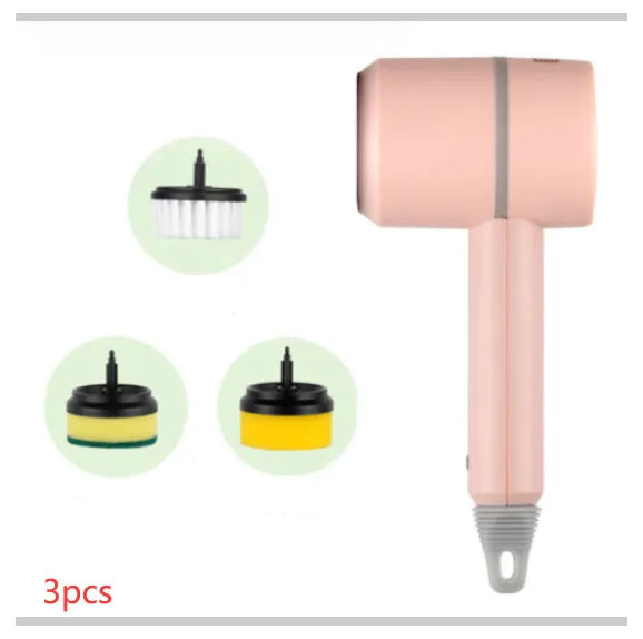 Electric cleaning brush with plastic housing, three brush heads, and 1200mA battery, shown in white, green, or pink