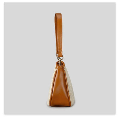 Khaki hand-woven straw crossbody bag made from PP grass with a single shoulder strap.