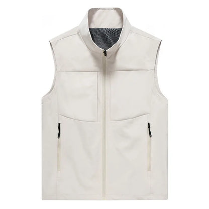 Men's loose fit cardigan vest in khaki with stand collar and zipper pockets