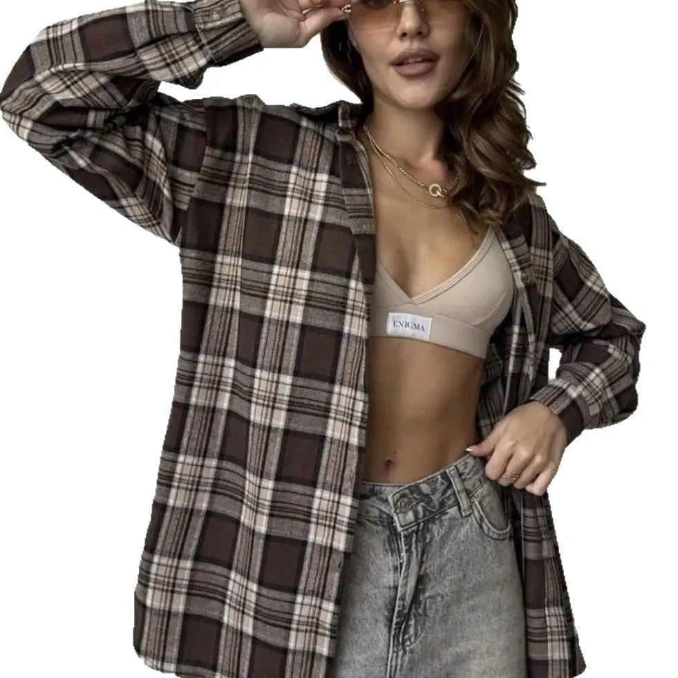 Dark brown striped long sleeve women's shirt with retro collage stitching detail on the front.
