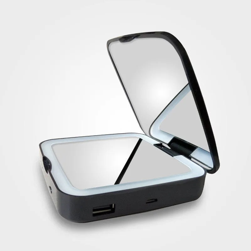 Black or white LED makeup mirror with magnification and standard mirrors, showing three lighting mode buttons.