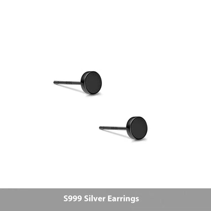 S999 sterling silver round flat bone stud earrings in silver or black, showing size range from 3mm to 8mm.