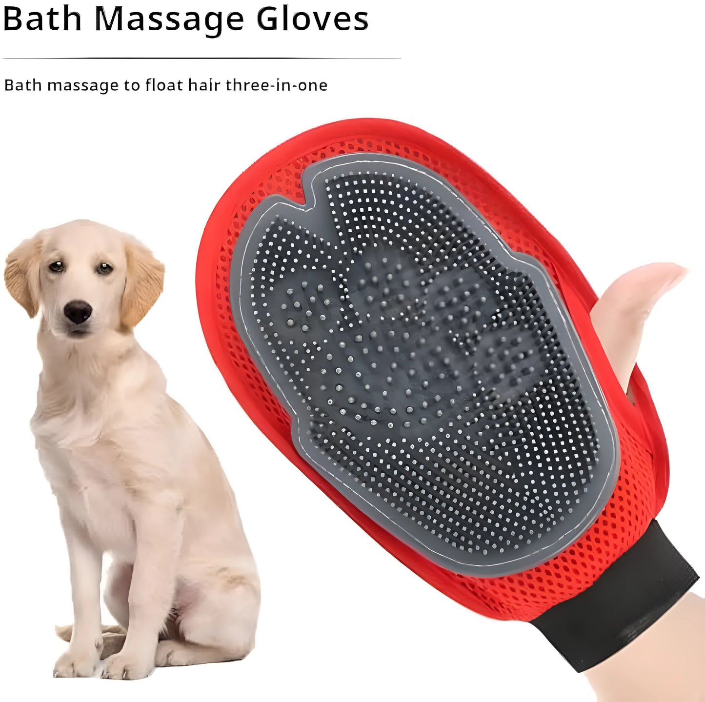 Red pet bathing glove with integrated brush bristles, measuring 26cm by 16cm, shown fitting on a hand