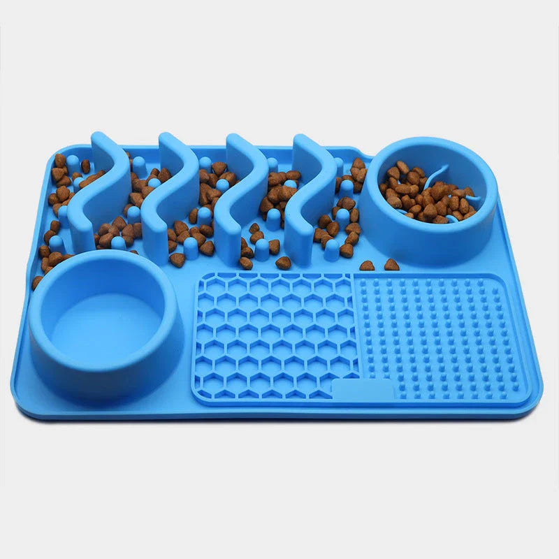 Premium silicone pet licking pad in various colours, designed to slow down eating and promote dental health for dogs