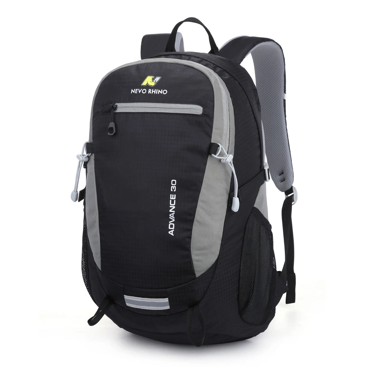 Dark green 30 litre nylon waterproof hiking backpack with airpillow straps on a neutral background.