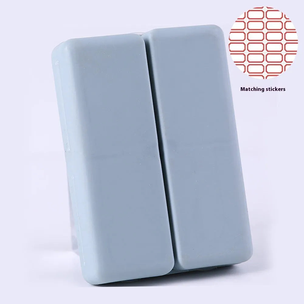 Blue foldable pill box with seven compartments and magnetic closure showing open and closed positions