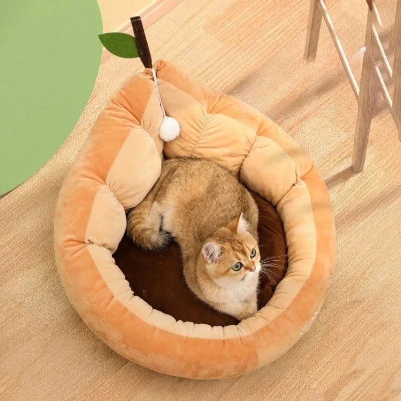 Cotton-filled cat bed house kennel in coffee or green colour showing three size options