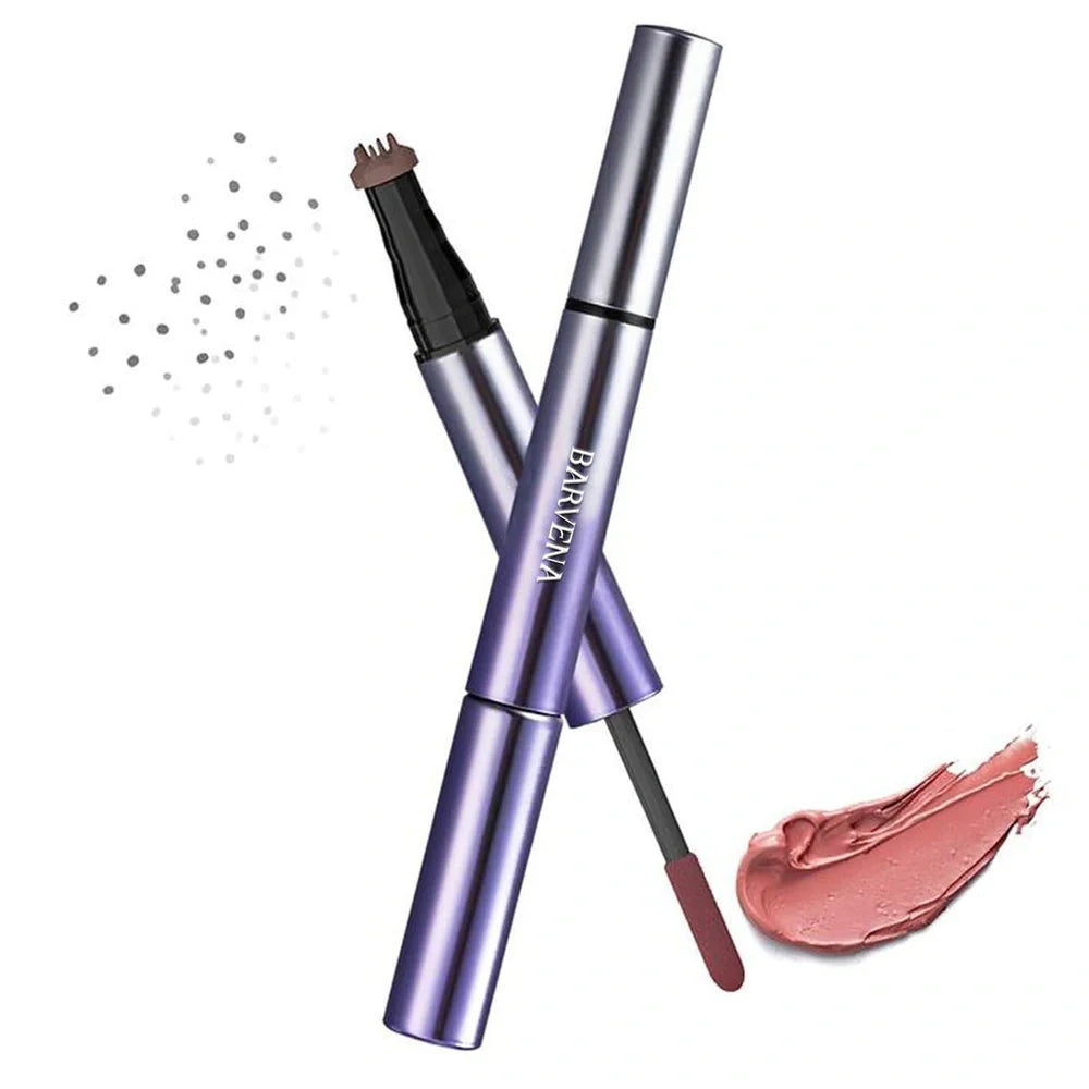 Double-headed eyebrow cream pen showing fine tip and angled tip with brown and black shades
