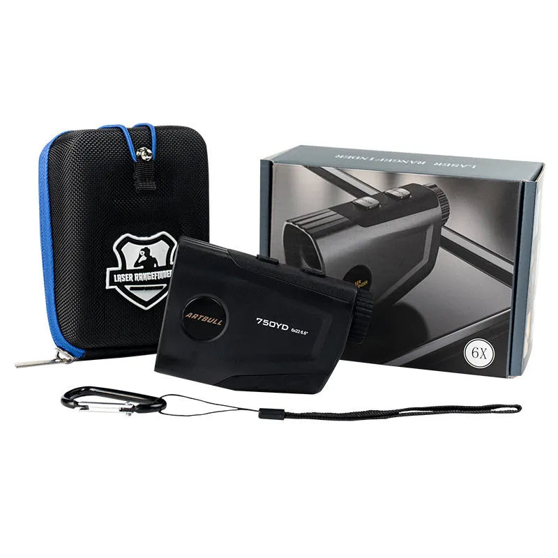 Black golf laser rangefinder with LCD display showing yardage, placed on a green golf towel.
