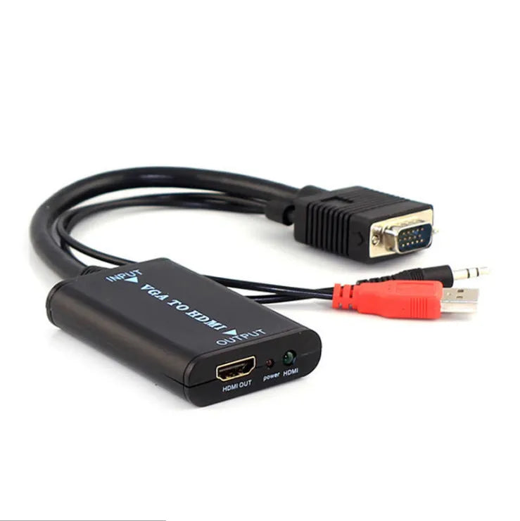 Black VGA to HDMI female converter with attached USB cable for power and audio