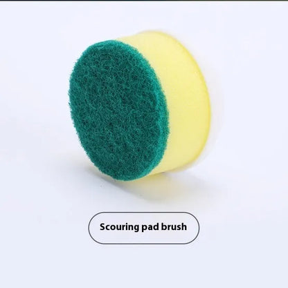 White cordless electric spin scrubber with multiple brush heads on a bathroom tile.
