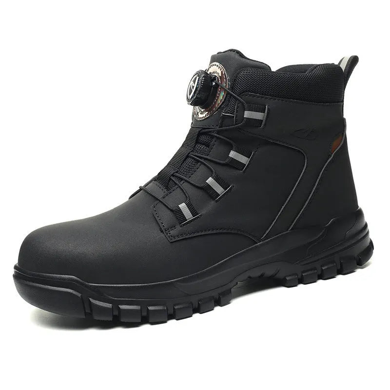 A pair of black leather labour protection safety shoes with rubber soles on a plain background.