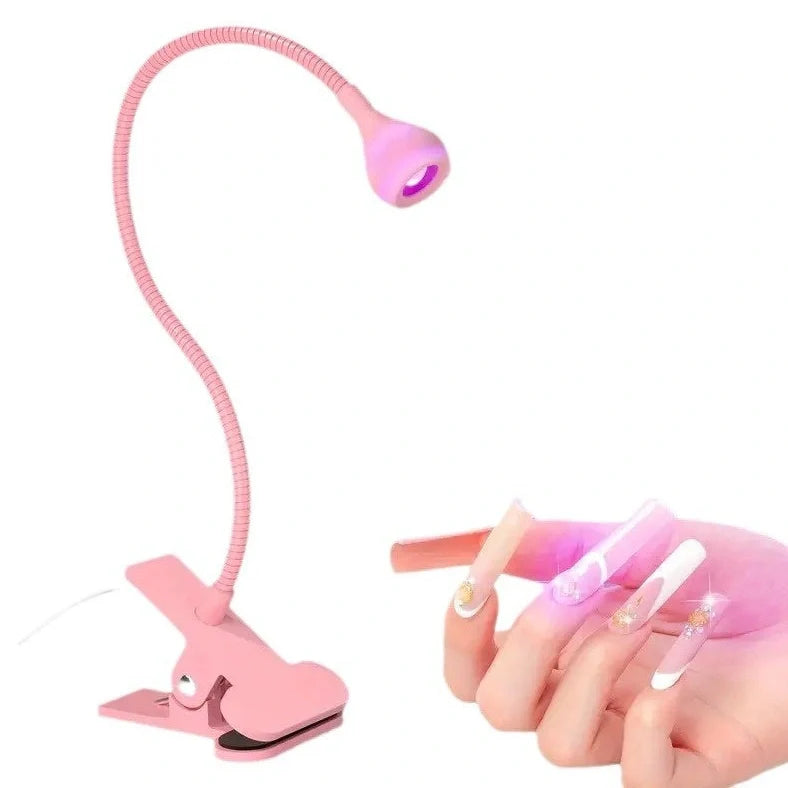Black gooseneck UV nail lamp with clip attachment, adjustable tube, and straight light body for curing manicures