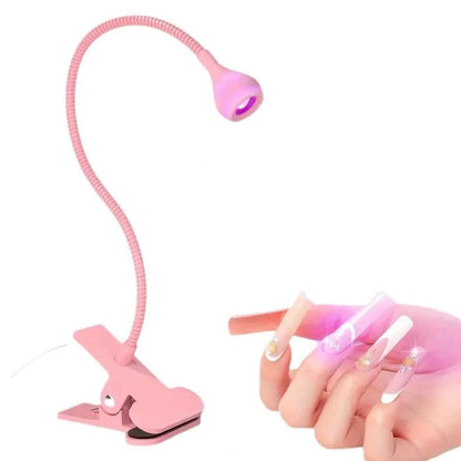 Black gooseneck UV nail lamp with clip attachment, adjustable tube, and straight light body for curing manicures