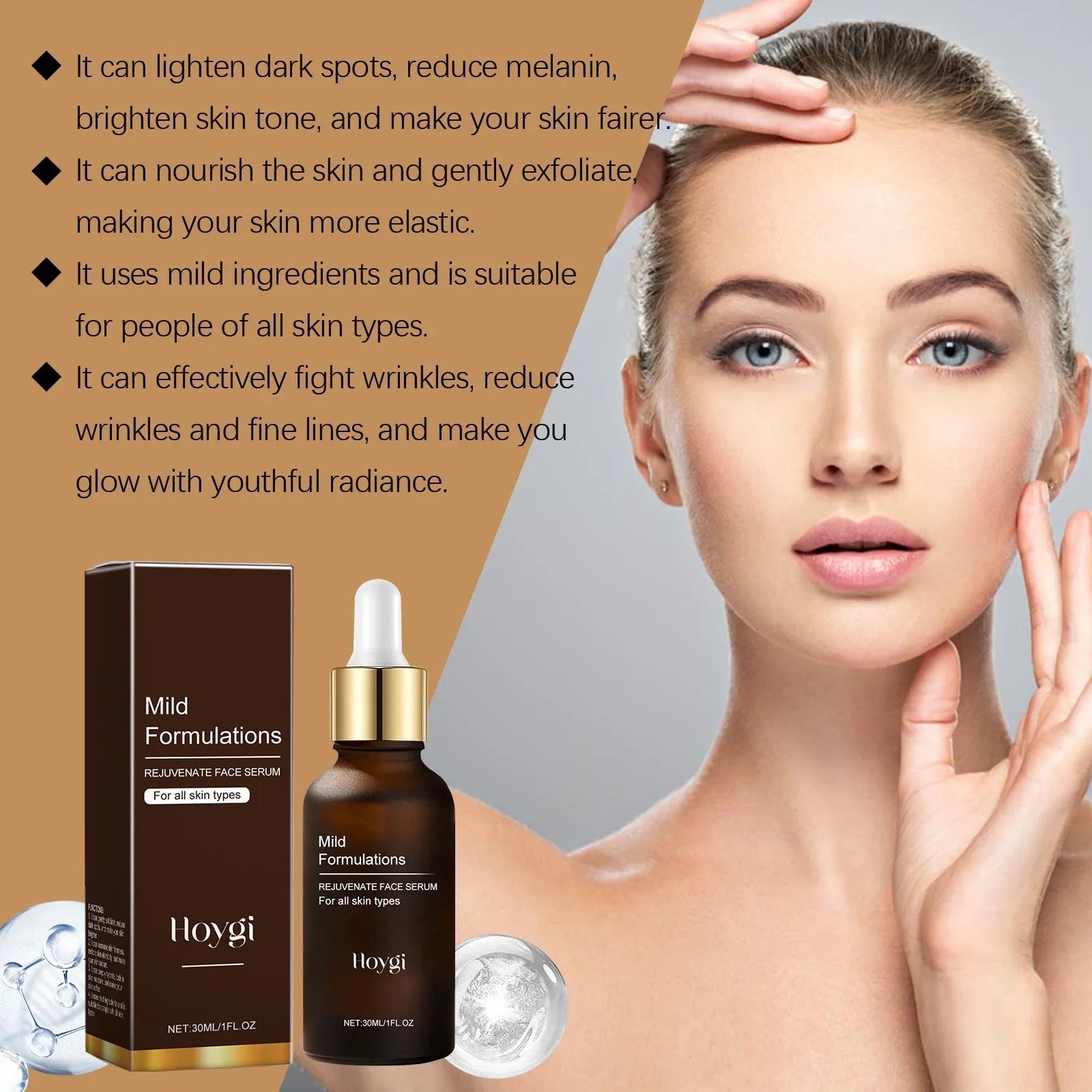 30ml facial skin care essence bottle measuring 10.3cm tall with hyaluronic acid, collagen and vitamin C formula