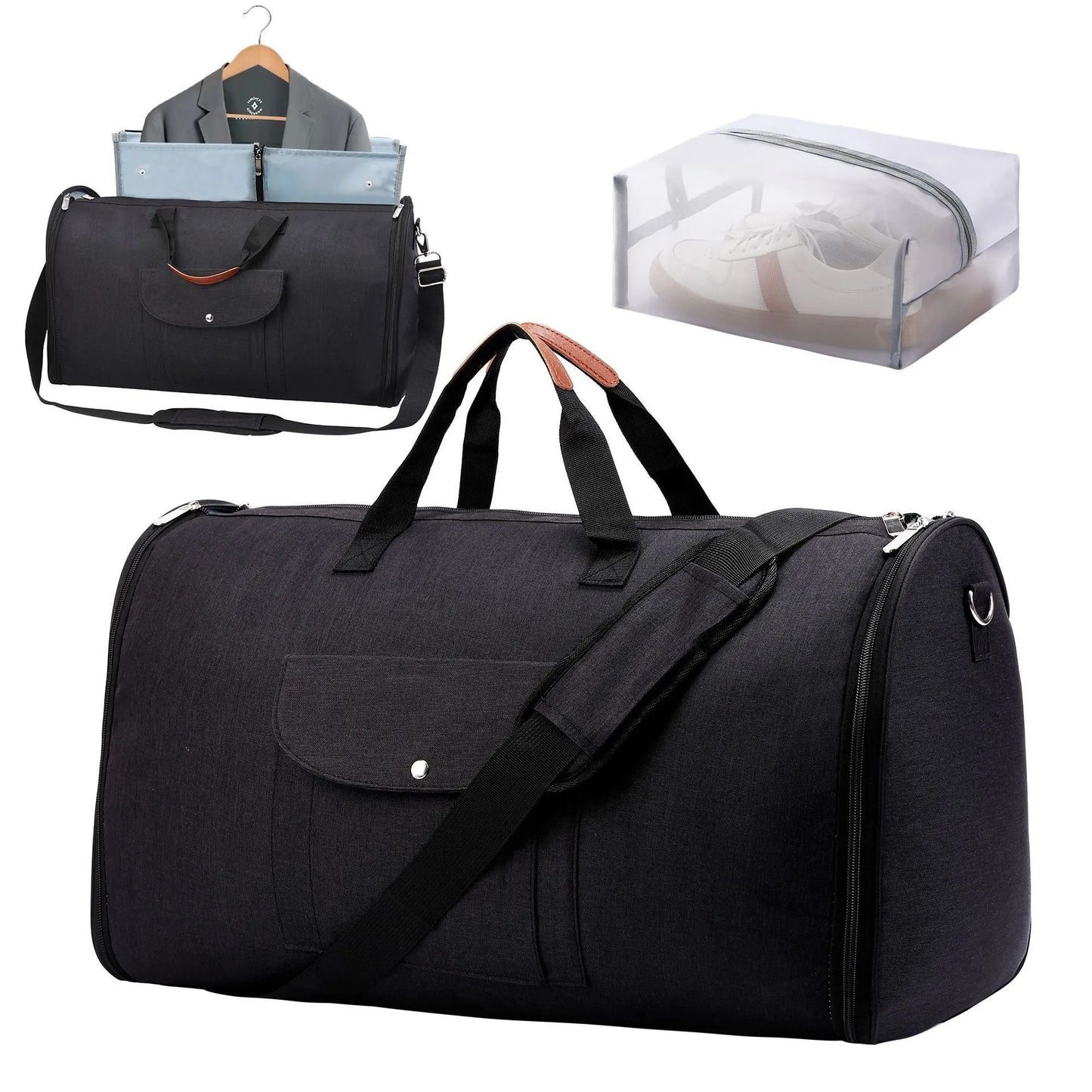 Folding duffel travel bag in dark blue Oxford cloth, shown packed and folded flat.