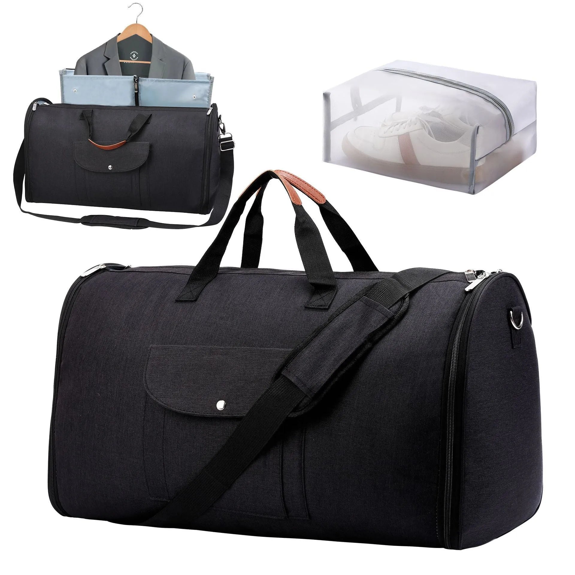Folding duffel travel bag in dark blue Oxford cloth, shown packed and folded flat.