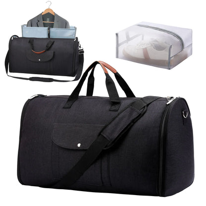 Folding duffel travel bag in dark blue Oxford cloth, shown packed and folded flat.