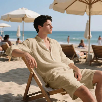 Linen long sleeve shirt and shorts casual suit set shown in available colours: white, black, khaki, light blue, gray.