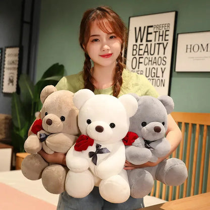 Rose bear plush stuffed animal pillow in beige, brown, or grey colours with soft short plush material