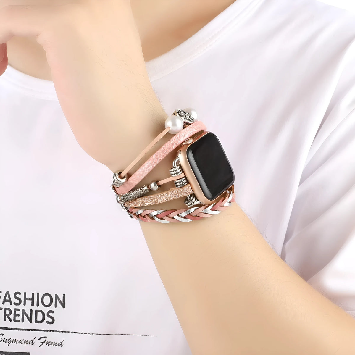 Vintage metal leather beaded watch strap for Apple Watch in 38mm to 45mm, shown in Silver, Beige, Black or Pink