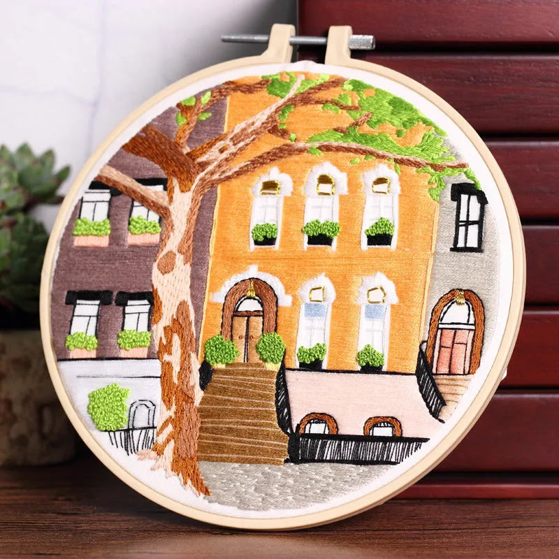 20cm European landscape embroidery kit on cotton cloth with villa and courtyard patterns