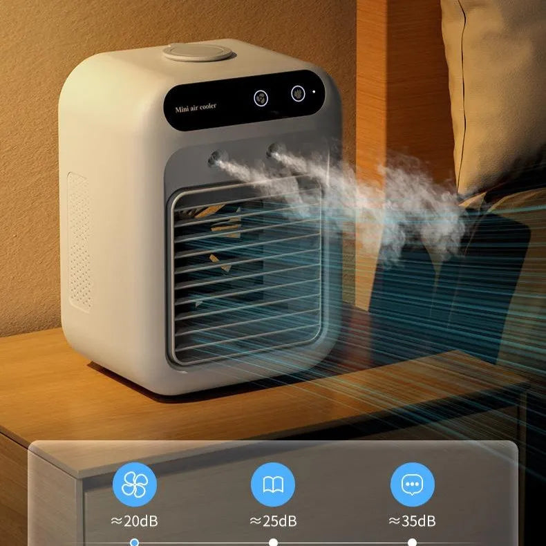 Ivory white USB portable air cooler with water tank and touchscreen display for personal cooling