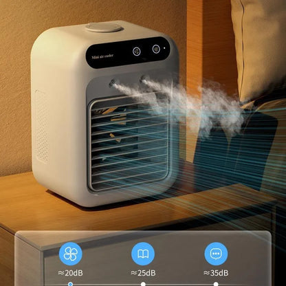 Ivory white USB portable air cooler with water tank and touchscreen display for personal cooling