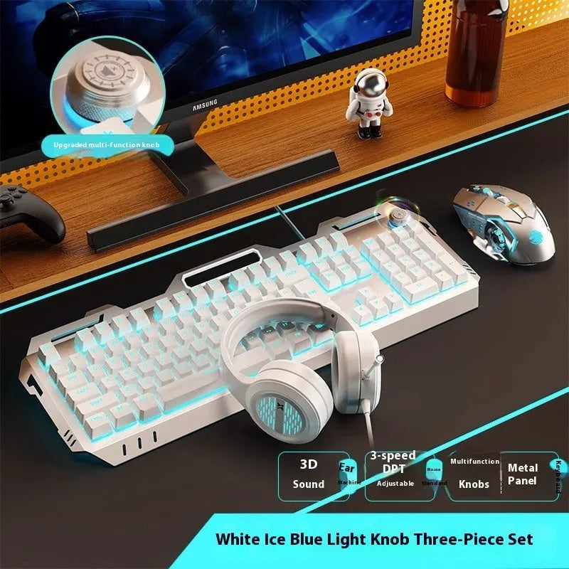 Aluminium alloy mechanical gaming keyboard with rainbow lighting, shown with a macro mouse and gaming headset.