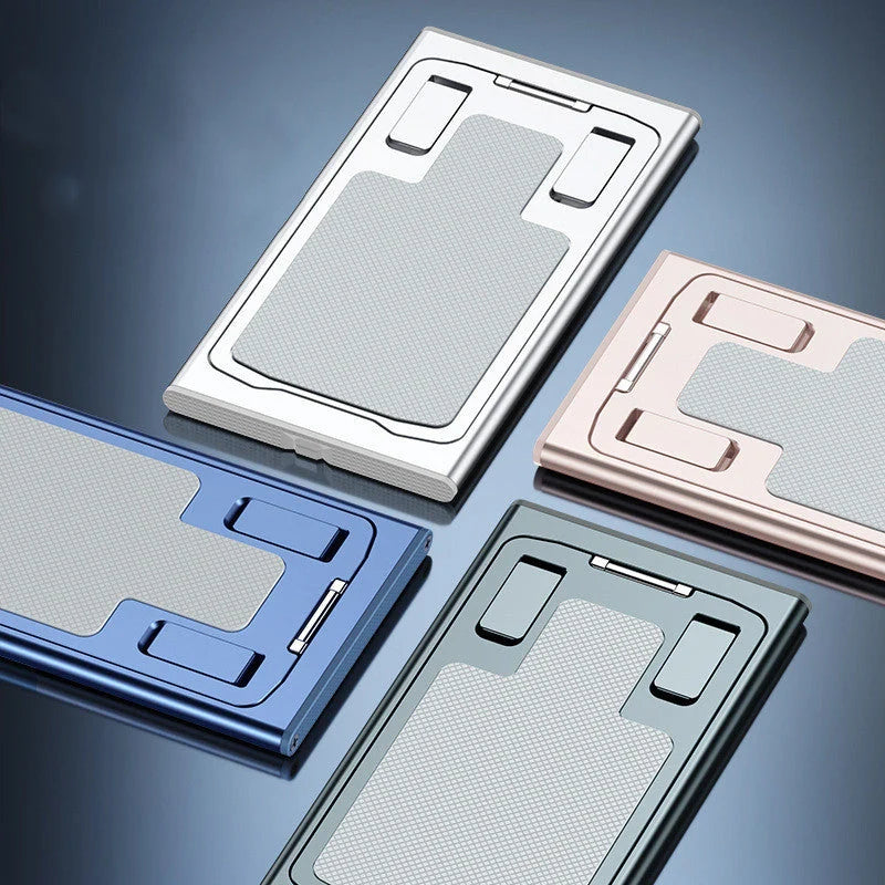 Aluminum alloy mobile phone stand in grey, rose gold, silver, and blue, adjustable angle for desktop use