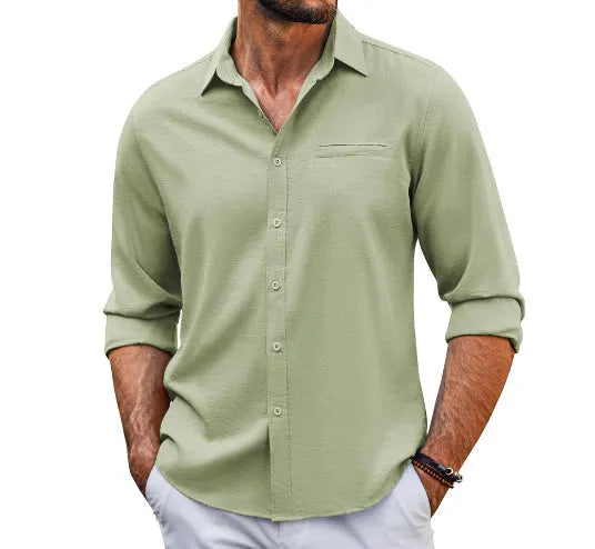 Men's solid colour long sleeve cotton blend shirt with polo collar and lace-trimmed chest pocket