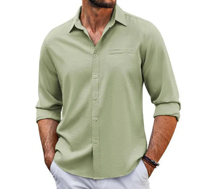 Men's solid colour long sleeve cotton blend shirt with polo collar and lace-trimmed chest pocket