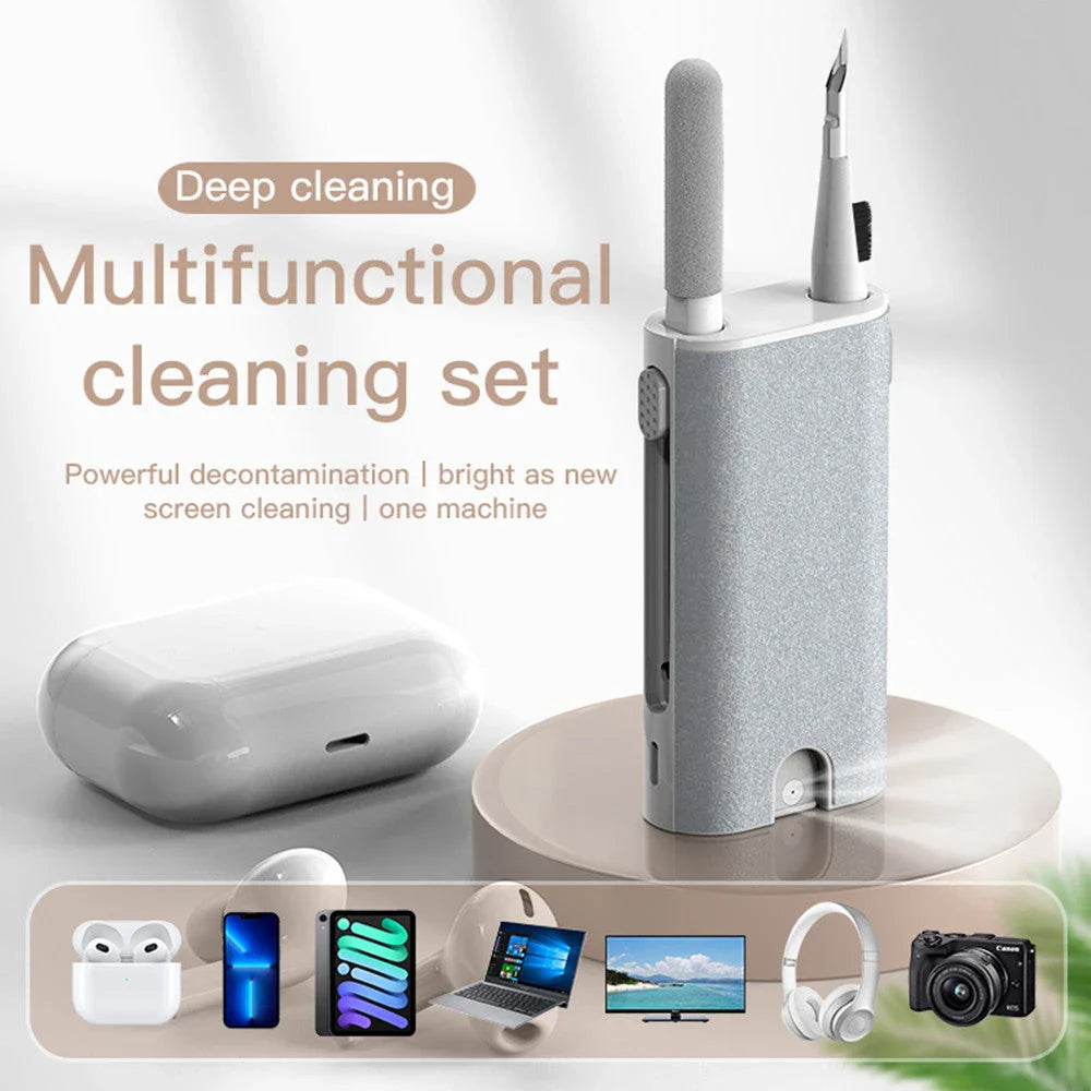 All-in-one smart screen cleaning kit with soft flocking sponge and high-density brush for effortlessly removing dust, smudges, and grime from electronic devices like phones, tablets, laptops, and more.