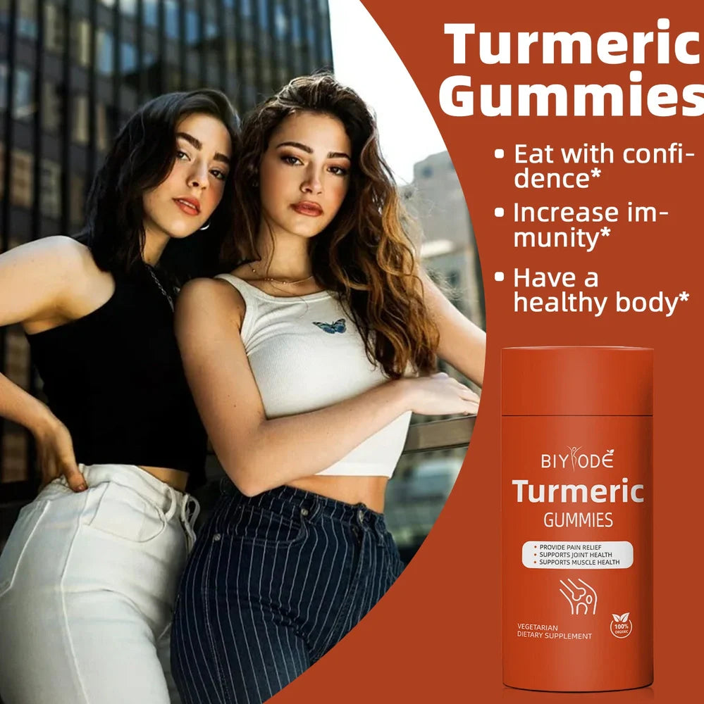 Bottle of 60 organic turmeric gummies with turmeric curcumin for immune support