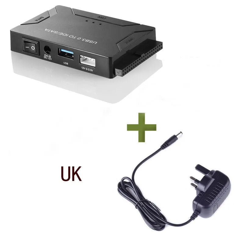 USB to IDE and SATA hard drive adapter with power supply and data cables for desktop drive connectivity