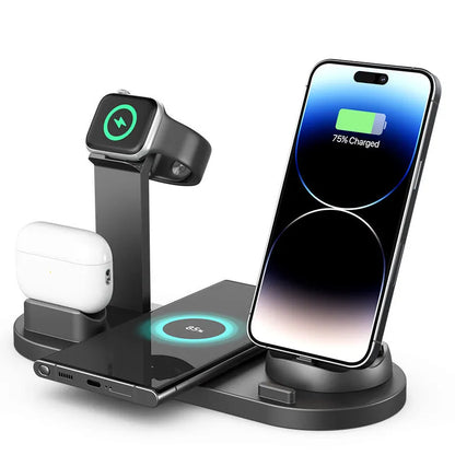 Black universal mobile phone and smartwatch charging stand with wireless pad on desk